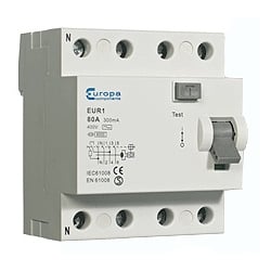 ECL EUR163.30/4 63amp 4 pole 30mA trip 10kA RCD 4 module