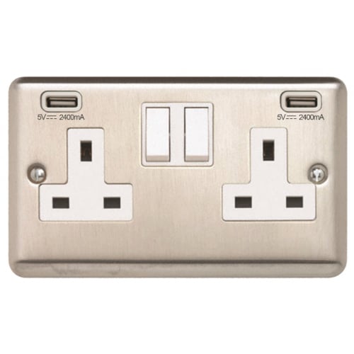 Contactum REF6356BSW 2 Gang 13a Switch Socket + 2 x 2.4a USB in Brushed Steel with white inserts