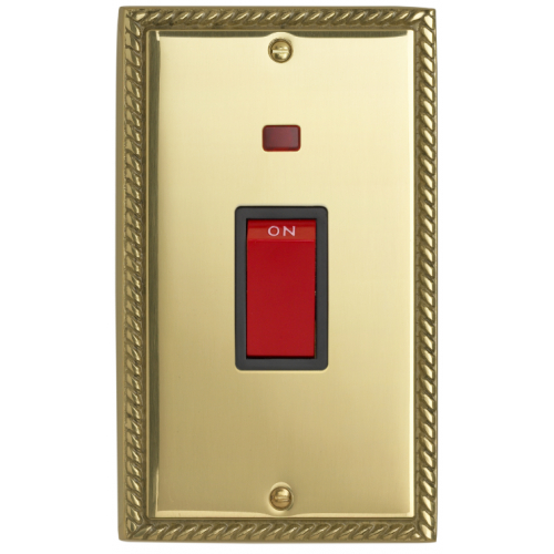 Contactum 3747GBB 45a 2g Vertical DP Georgian Brass Switch with Neon