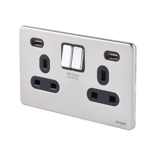 Schneider GGBGU3424DBPC 2g 13a Switched Socket+2 x USB, Polished Chrome with Black Inserts