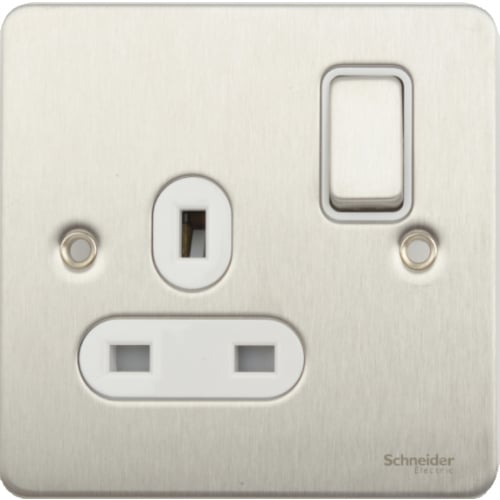 Schneider GU3210WSS 1g 13a Switch Socket White Insert Stainless Steel