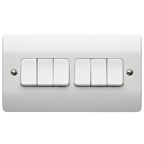 MK K4879WHI 6 Gang 2 Way 10 Amp Single Pole White Flush Plate Switch