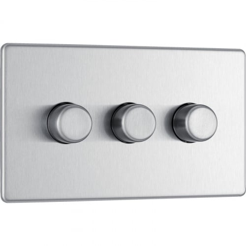 BG FBS83-01 3 Gang 2 Way 200w LED Dimmer Brushed Steel