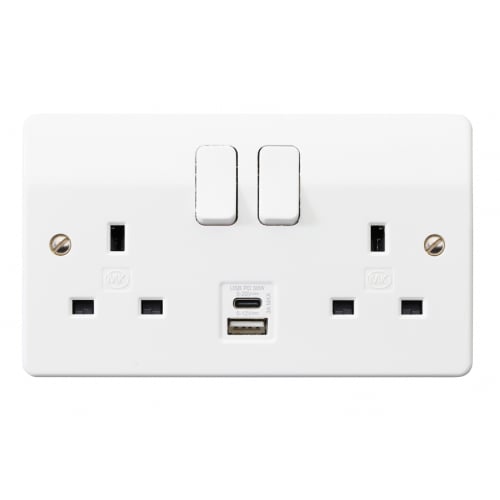 MK K2766WHI 2 Gang 13a+1xUSB-C+1xUSB-A Fast Charge Switched Socket 30W