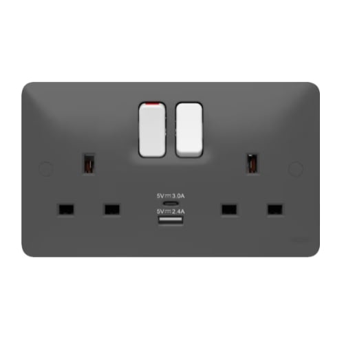 Hager WMSS82-USBGAC 13a 2 gang DP Switched Socket + USB(Type A+C) Grey