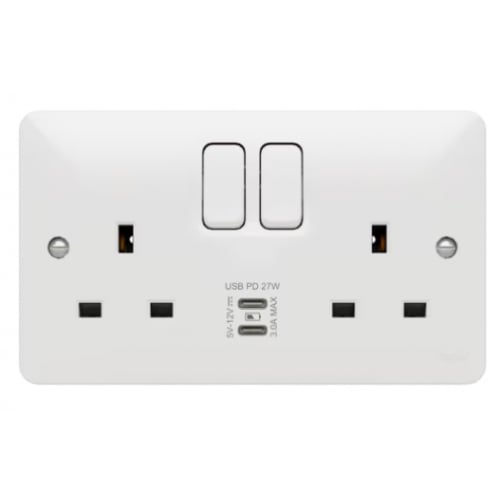 Hager WMSS82-USBCC 13a 2 gang DP Switched Socket + USB(Type C+C)