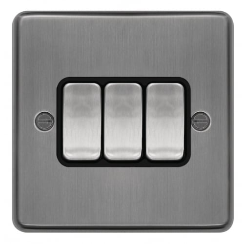 Hager WRPS32BSB 3 Gang 2 Way Switch Brushed Steel/Black Insert