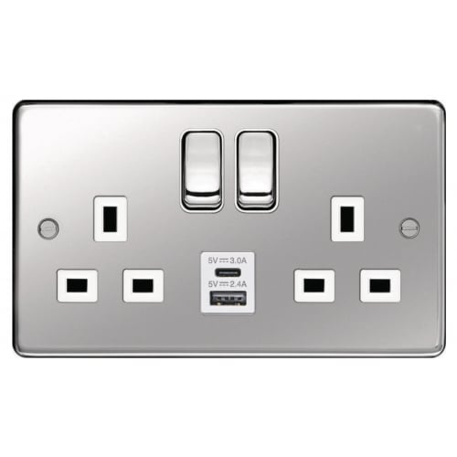 Hager WRSS82PSW-USBAC 2 Gang 13a Switch Socket + USB A+C Polished Steel/White Insert