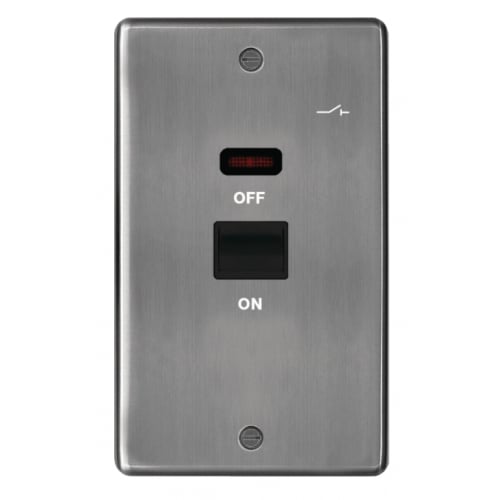 Hager WRDP50VNBSB 50a DP Switch+Neon 2 Gang Brushed Steel/Black Insert