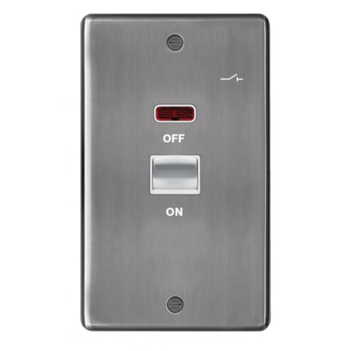 Hager WRDP50VNBSW 50a DP Switch+Neon 2 Gang Brushed Steel/White Insert