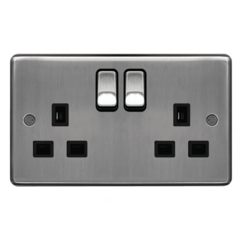 Hager WRSS82BSB 2 Gang 13a Switch Socket Brushed Steel/Black Insert