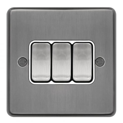 Hager WRPS32BSW 3 Gang 2 Way Switch Brushed Steel/White Insert