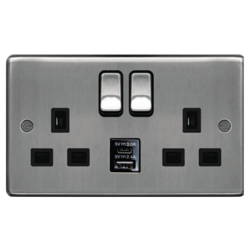 Hager WRSS82BSB-USBAC 2 Gang 13a Switch Socket + USB A+C Brushed Steel/Black Insert