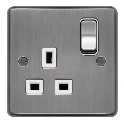 Hager WRSS81BSW 1 Gang 13a Switch Socket Brushed Steel/White Insert