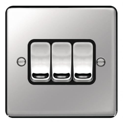 Hager WRPS32PSB 3 Gang 2 Way Switch Polished Steel/Black Insert