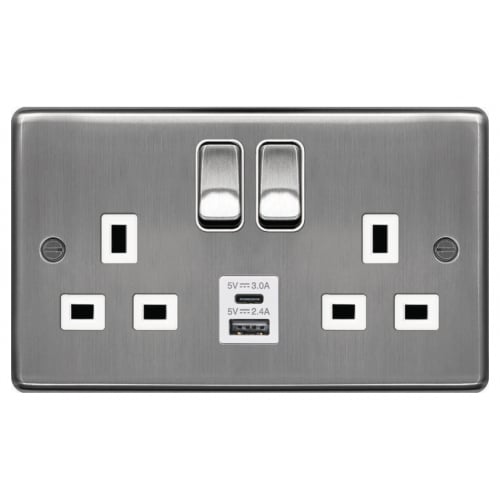 Hager WRSS82BSW-USBAC 2 Gang 13a Switch Socket + USB A+C Brushed Steel/White Insert