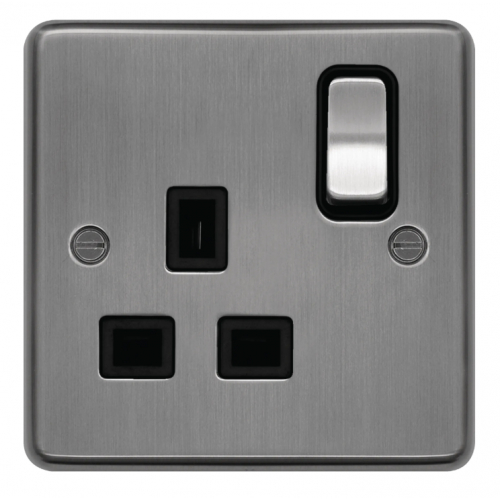 Hager WRSS81BSB 1 Gang 13a Switch Socket Brushed Steel/Black Insert