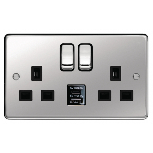 Hager WRSS82PSB-USBAC 2 Gang 13a Switch Socket + USB A+C Polished Steel/Black Insert