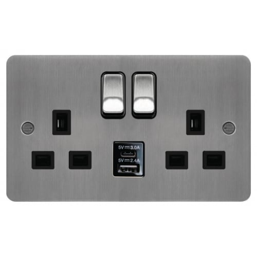 Hager WFSS82BSB-USBSAC 2 Gang 13a Flat Plate Switch Socket + USB A+C Brushed Steel/Black Insert