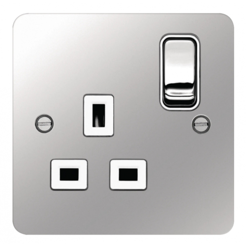 Hager WFSS81PSW 1 Gang 13a Flat Plate Switch Socket Polished Steel/White Insert