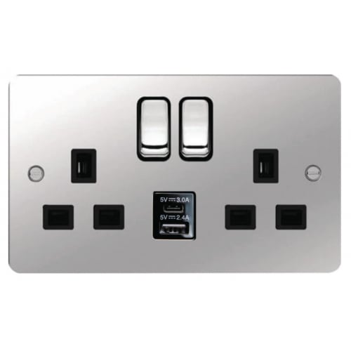 Hager WFSS82PSB-USBSAC 2 Gang 13a Flat Plate Switch Socket + USB A+C Polished Steel/Black Insert
