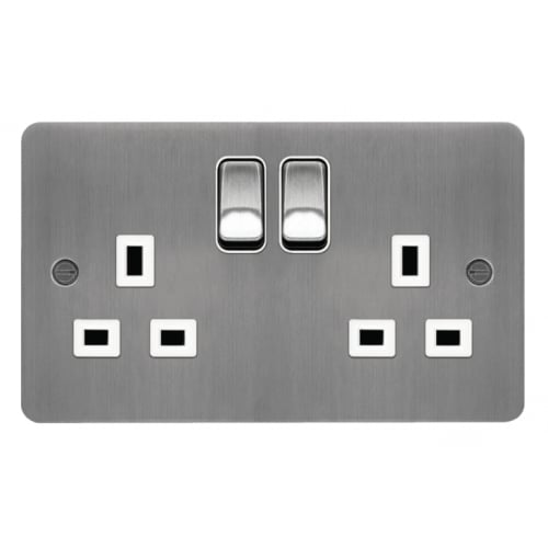 Hager WFSS82BSW 2 Gang 13a Flat Plate Switch Socket Brushed Steel/White Insert