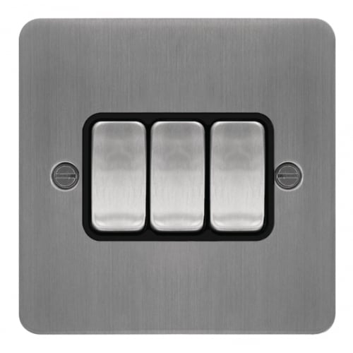 Hager WFPS32BSB 3 Gang 2 Way Switch Brushed Steel/Black Insert