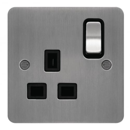 Hager WFSS81BSB 1 Gang 13a Flat Plate Switch Socket Brushed Steel/Black Insert