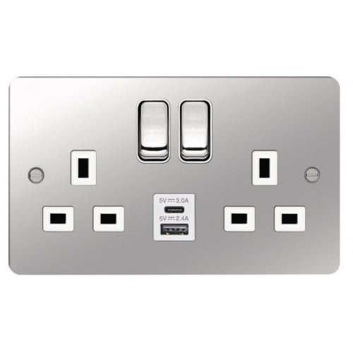 Hager WFSS82PSW-USBSAC 2 Gang 13a Flat Plate Switch Socket + USB A+C Polished Steel/White Insert