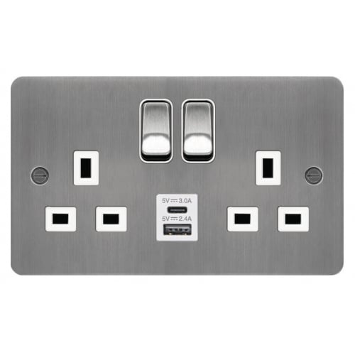 Hager WFSS82BSW-USBSAC 2 Gang 13a Flat Plate Switch Socket + USB A+C Brushed Steel/White Insert