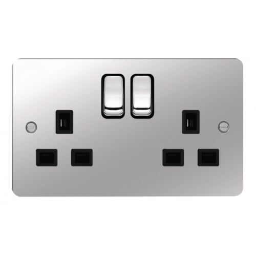Hager WFSS82PSB 2 Gang 13a Flat Plate Switch Socket Polished Steel/Black Insert