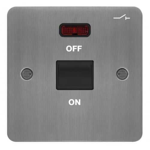 Hager WFDP50NBSB 50a DP Switch+Neon 1 Gang Flat Plate Brushed Steel/Black Insert