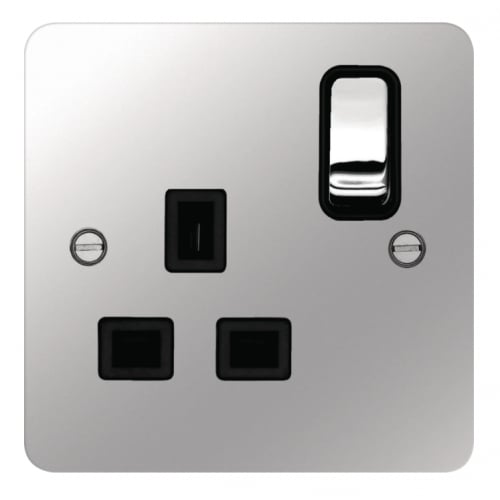Hager WFSS81PSB 1 Gang 13a Flat Plate Switch Socket Polished Steel/Black Insert