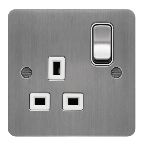 Hager WFSS81BSW 1 Gang 13a Flat Plate Switch Socket Brushed Steel/White Insert