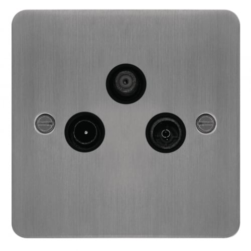 Hager WFTXBSB Triplexer TV & FM/DAB & SAT Outlet Flat Plate Brushed Steel/Black Insert