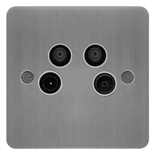 Hager WFQXBSW Quadplexer TV & FM/DAB & SAT 1 & SAT 2 Outlet Flat Plate Brushed Steel/White Insert