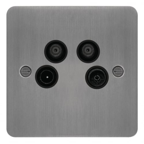 Hager WFQXBSB Quadplexer TV & FM/DAB & SAT 1 & SAT 2 Outlet Flat Plate Brushed Steel/Black Insert