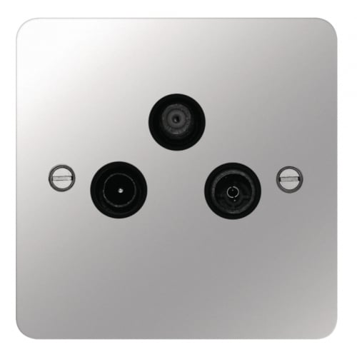 Hager WFTXPSB Triplexer TV & FM/DAB & SAT Outlet Flat Plate Polished Steel/Black Insert