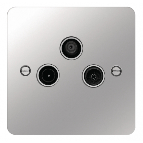 Hager WFTXPSW Triplexer TV & FM/DAB & SAT Outlet Flat Plate Polished Steel/White Insert