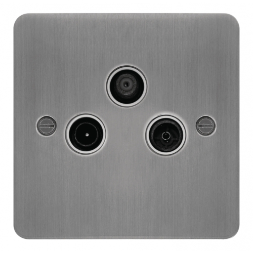 Hager WFTXBSW Triplexer TV & FM/DAB & SAT Outlet Flat Plate Brushed Steel/White Insert