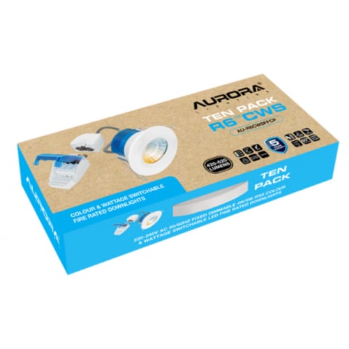 Aurora AU-R6CWSFFCP 10 Pack of 4/6w LED 3000-5700K Colour/Wattage Switchable FastRfix Dimmable Downlight, complete with White Bezel