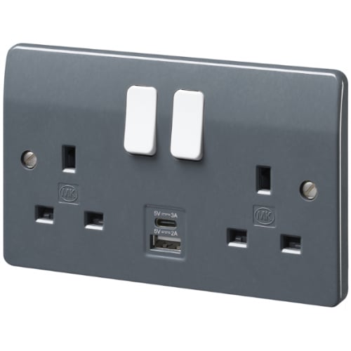 MK K2745GRA 2 Gang 13 Amp + 1xUSB-A and 1xUSB-C Switched Socket Outlet