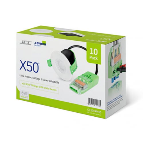 JCC JC1101/WH10 10 Pack of X50 IP65 fire-rated downlight complete with white bezel, dimmable, and colour and wattage switchable