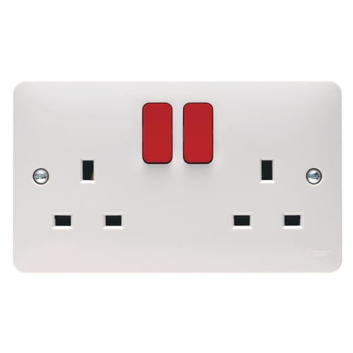 Hager WMSS82R 13a 2 Gang DP Switched Socket White with Red Rocker