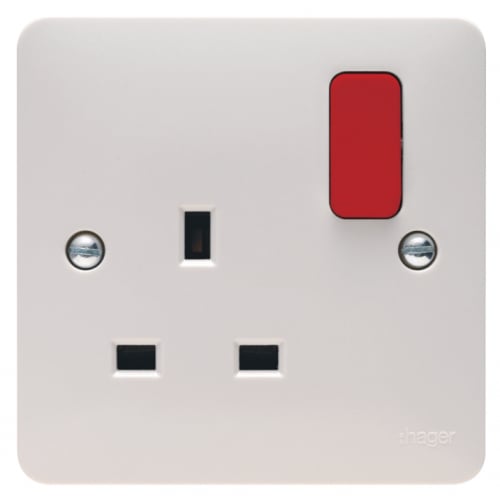 Hager WMSS81R 13a 1 Gang DP Switched Socket White with Red Rocker