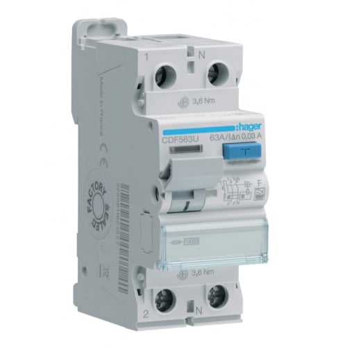 Hager CDF563U 63a 30ma 1P+N Type F RCD