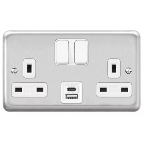 MK K2966BSS 2 Gang 13 Amp 2xUSB Switched Socket Brushed Stainless Steel