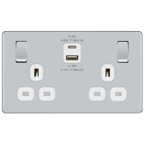 BG FPC22UAC22W-01 2 Gang 13a Switch Socket with USB  A+C Polished Chrome