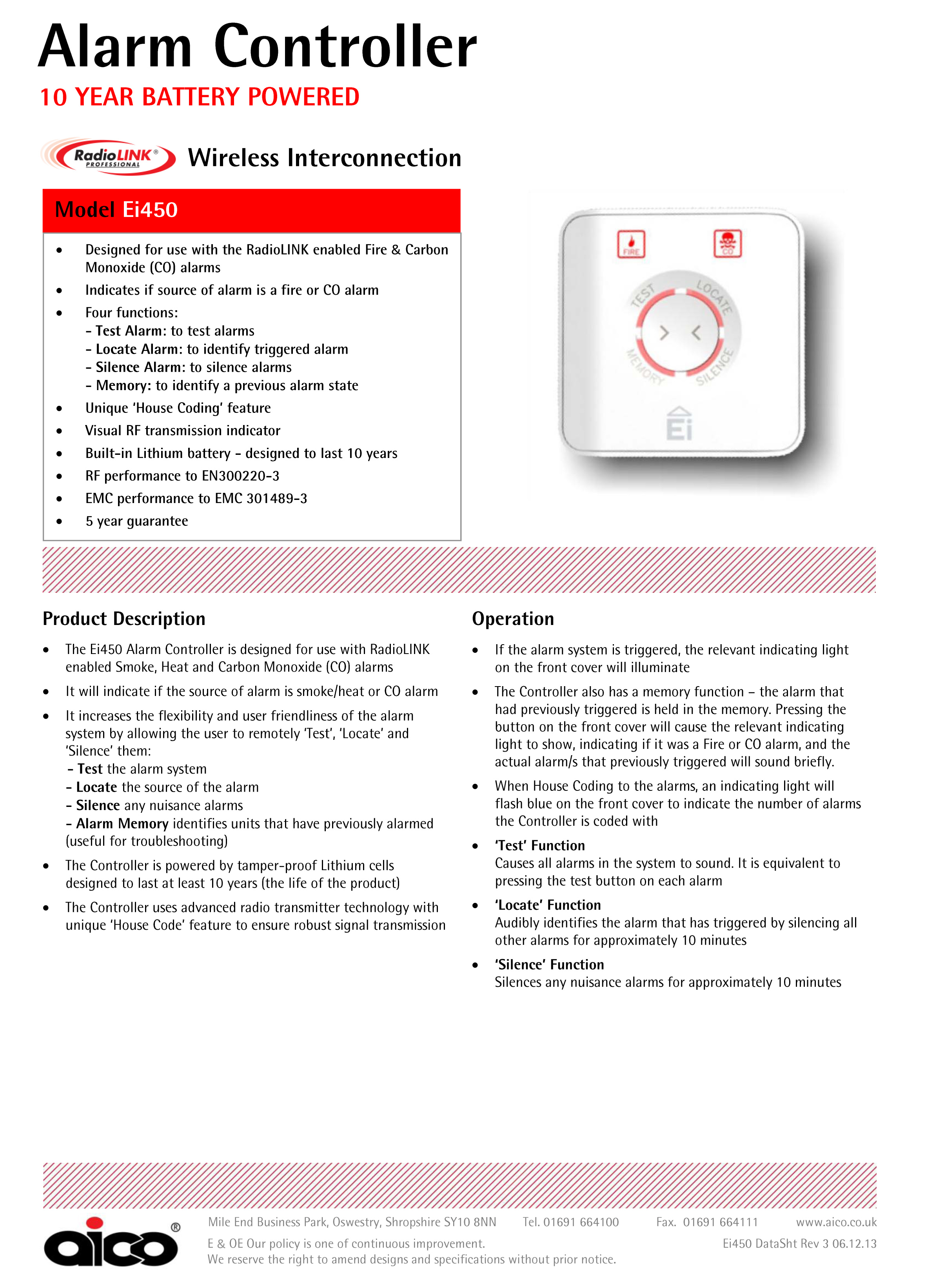 Buy Aico EI450 Radiolink Alarm Controller Switch Edwardes